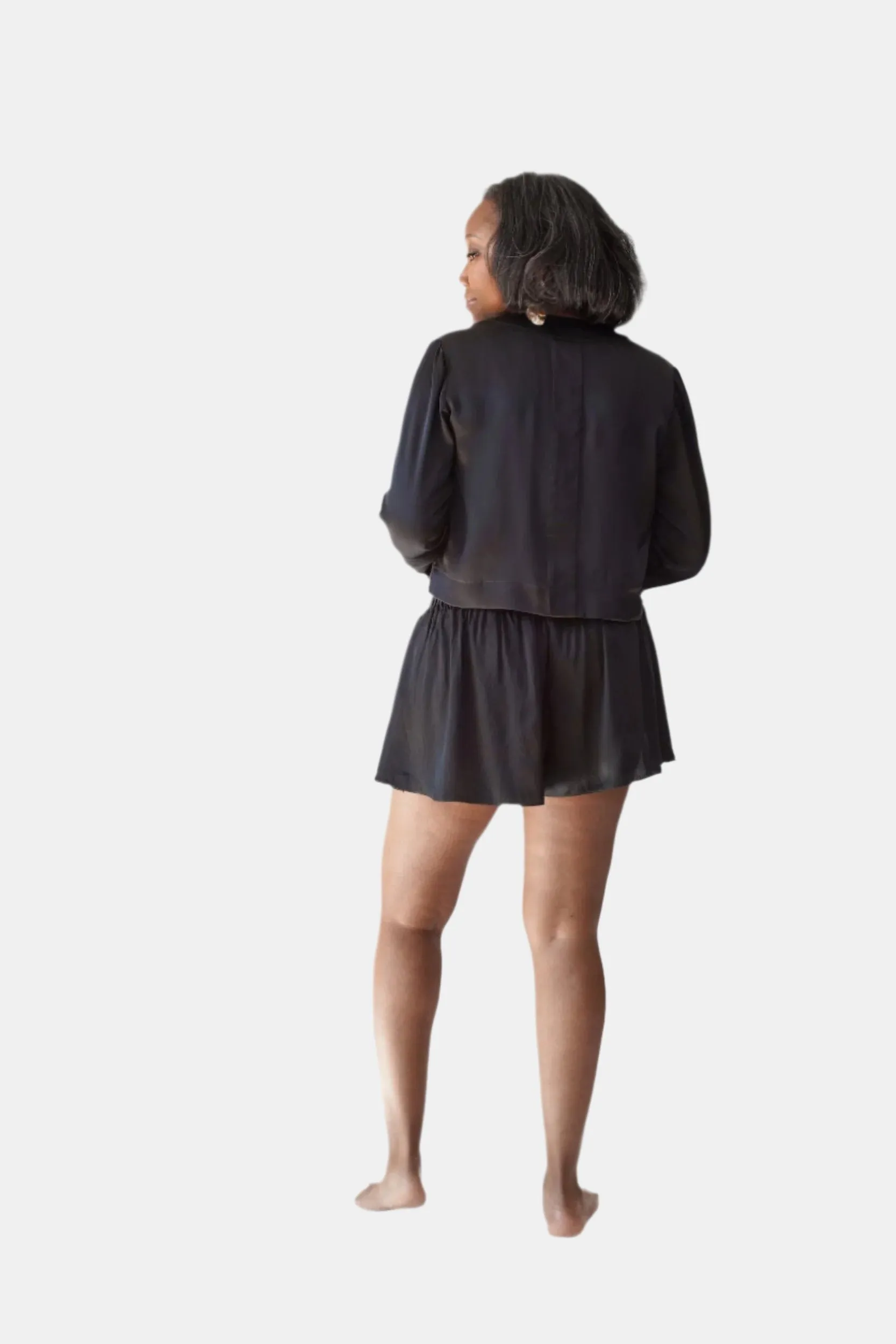 LOLA CROPPED SILK SLEEP SHIRT & SHORT IN NOIRE