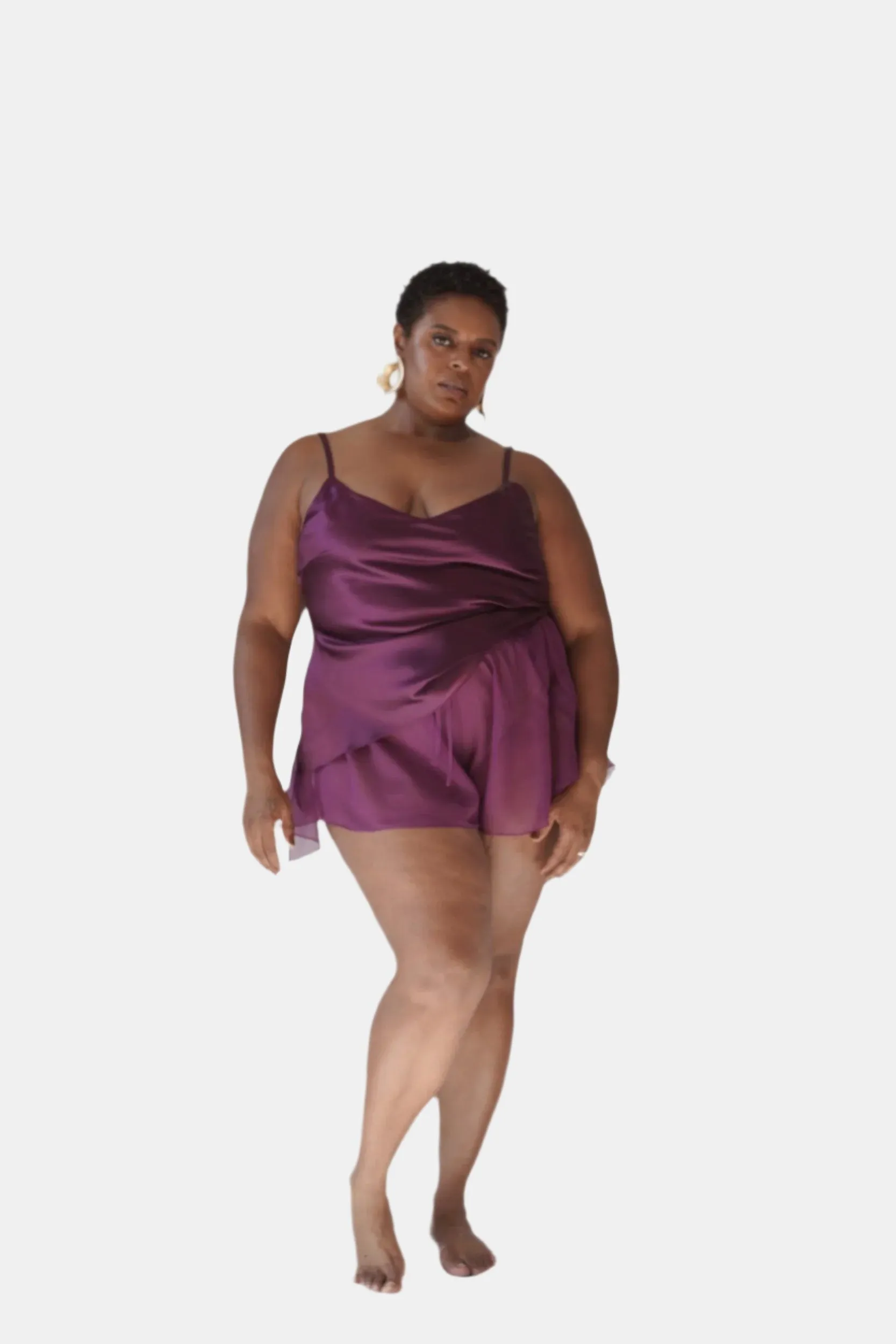 LOLA SILK CAMISOLE & DONNA SILK CHIFFON SHORT IN AUBERGINE