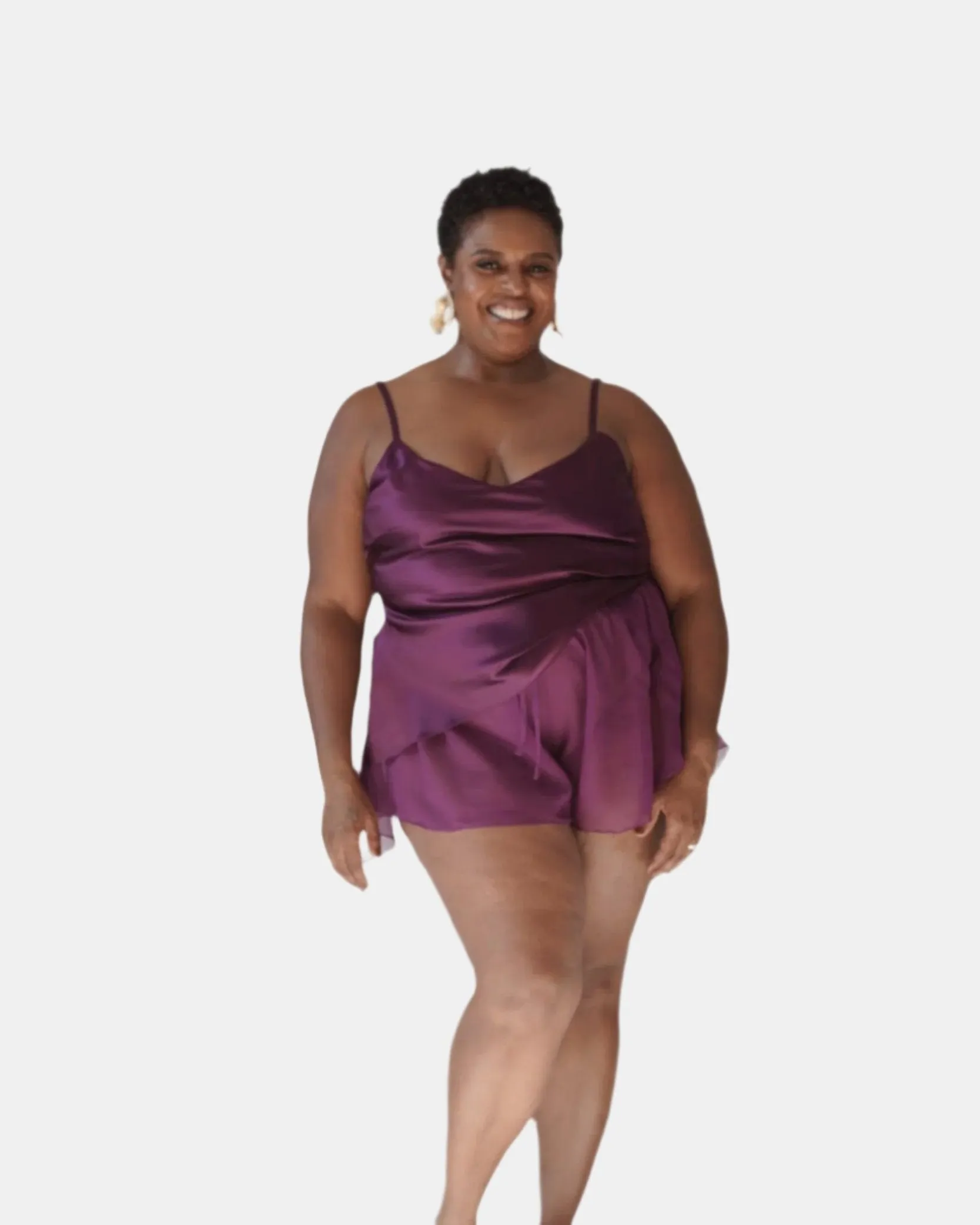 LOLA SILK CAMISOLE & DONNA SILK CHIFFON SHORT IN AUBERGINE