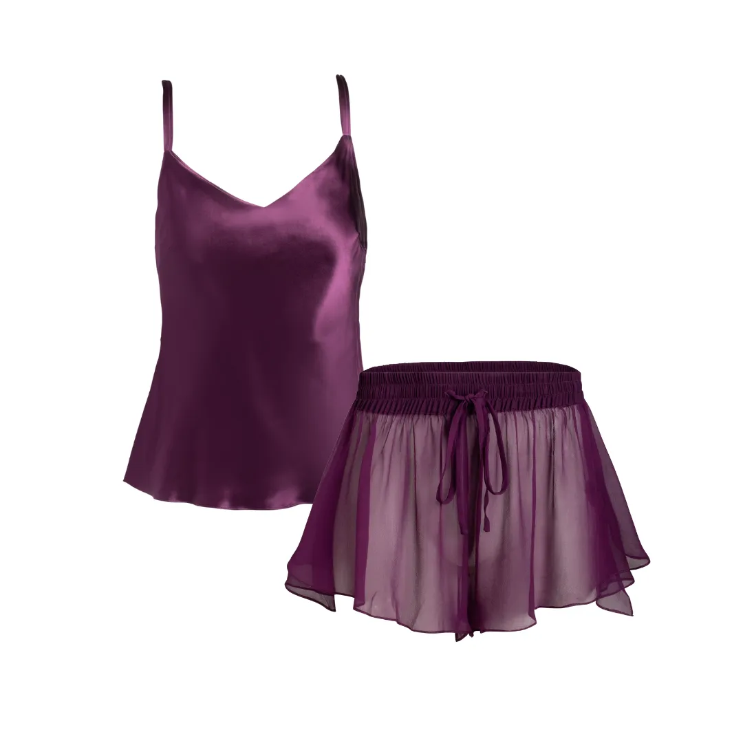 LOLA SILK CAMISOLE & DONNA SILK CHIFFON SHORT IN AUBERGINE