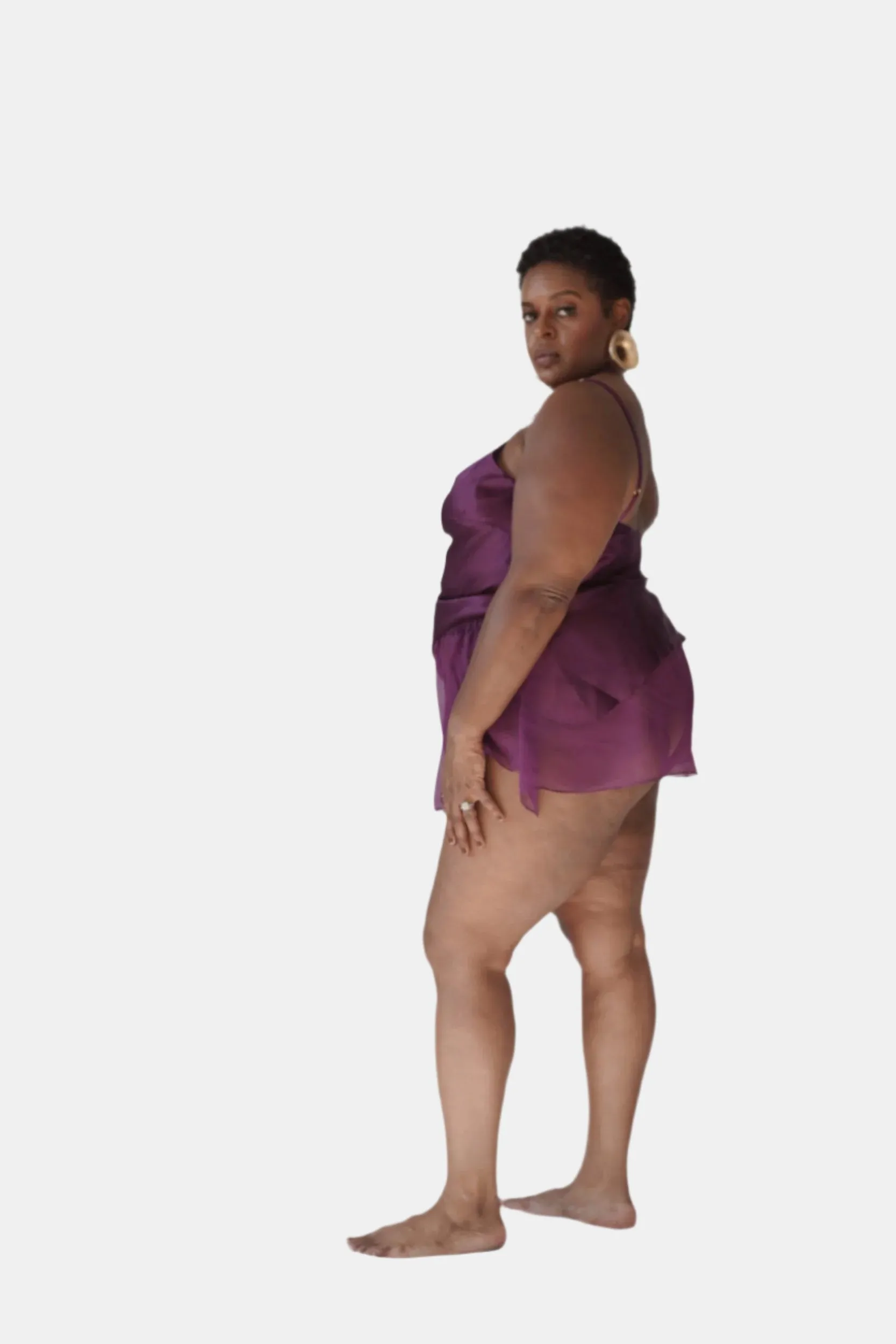 LOLA SILK CAMISOLE & DONNA SILK CHIFFON SHORT IN AUBERGINE
