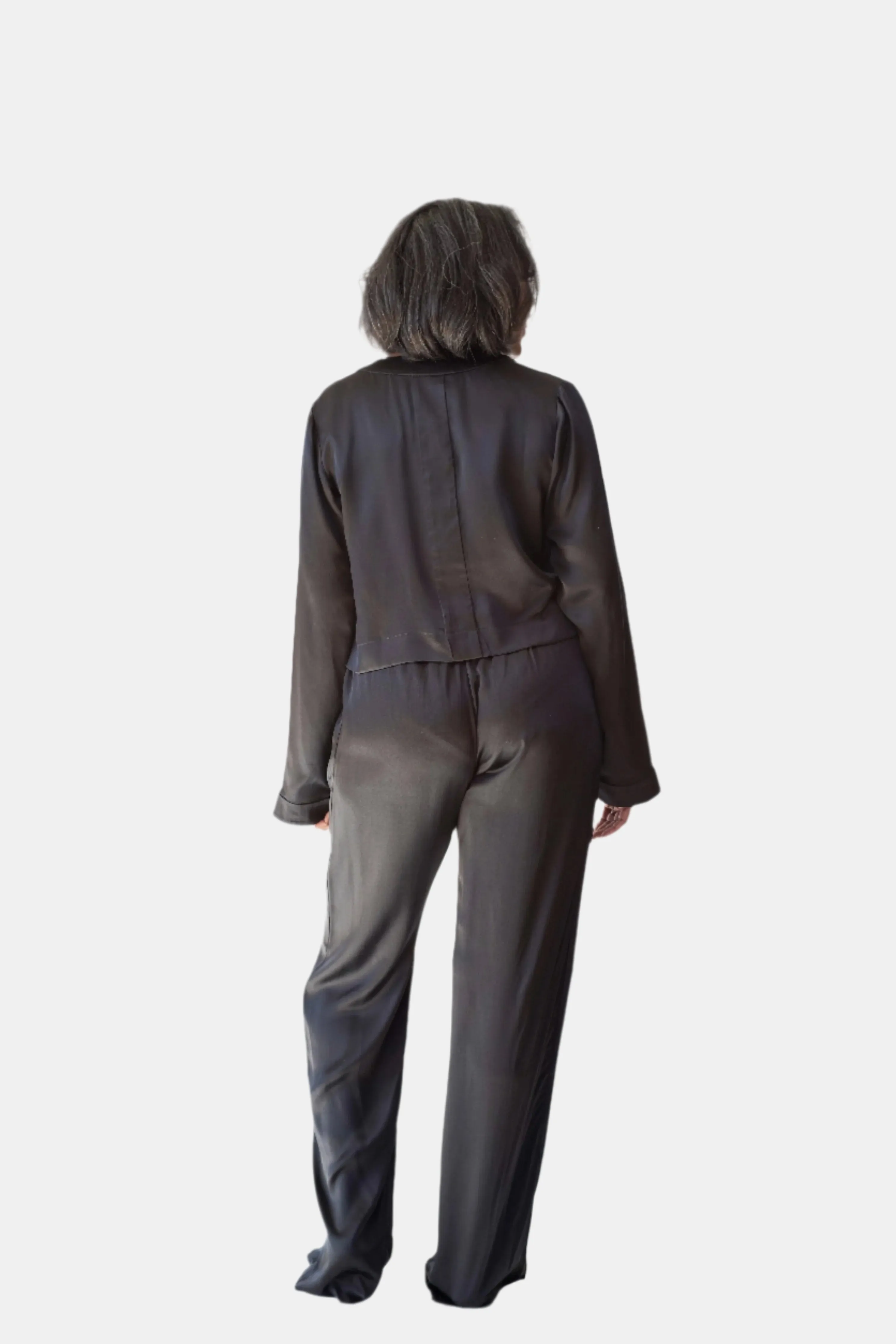 LOLA SILK CROPPED SHIRT DRESS & TUXEDO PANT IN NOIRE