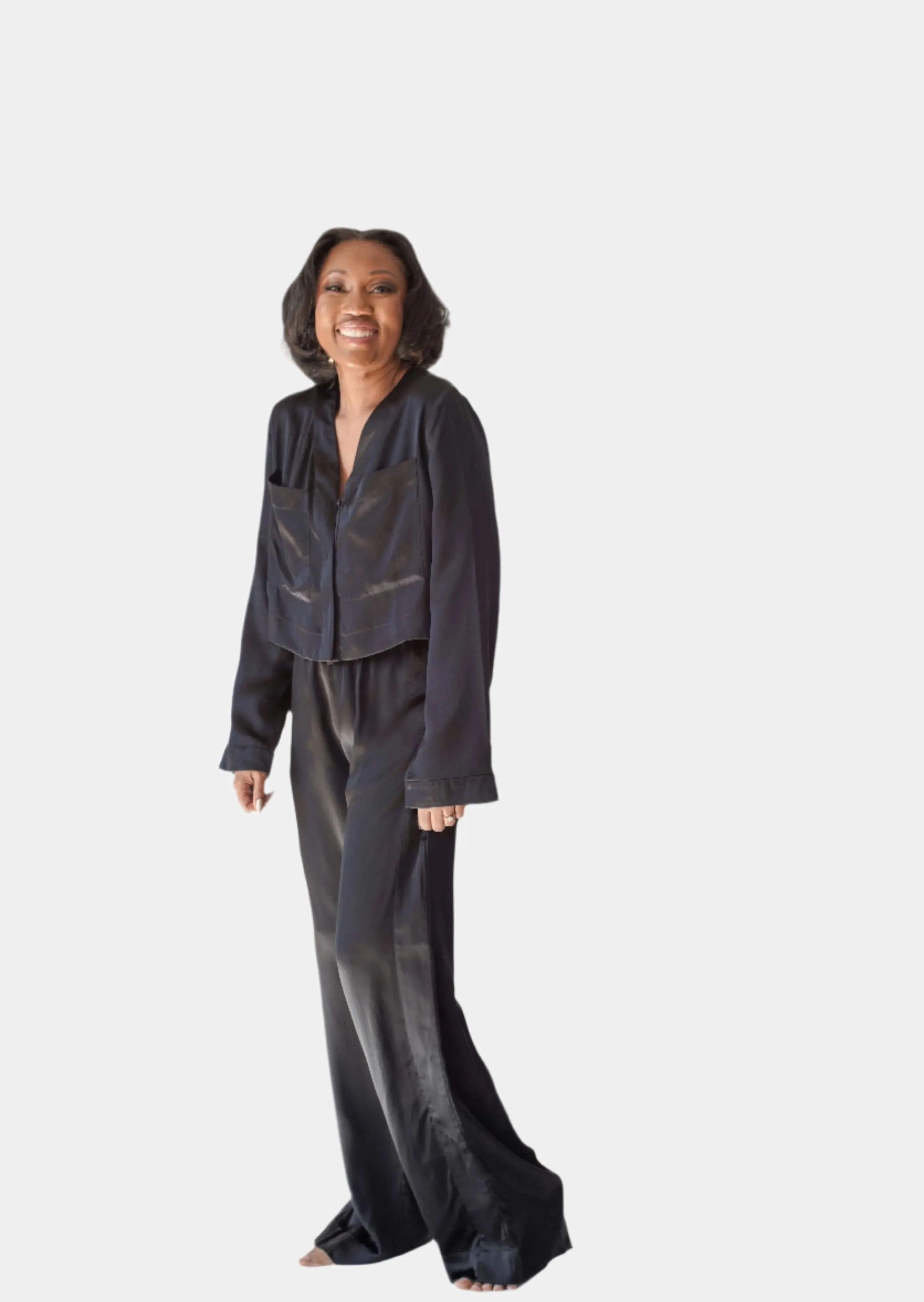 LOLA SILK CROPPED SHIRT DRESS & TUXEDO PANT IN NOIRE