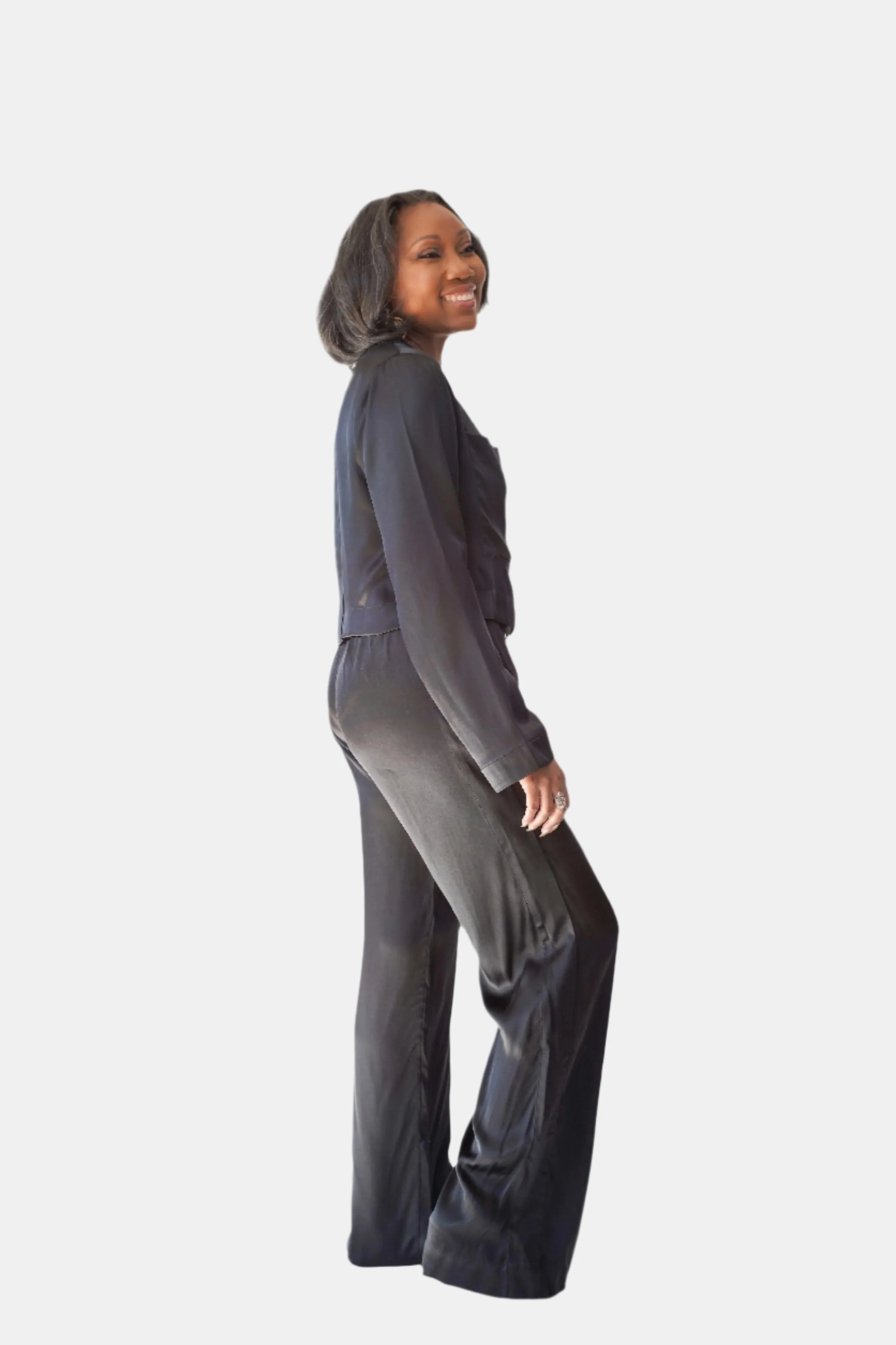 LOLA SILK CROPPED SHIRT DRESS & TUXEDO PANT IN NOIRE