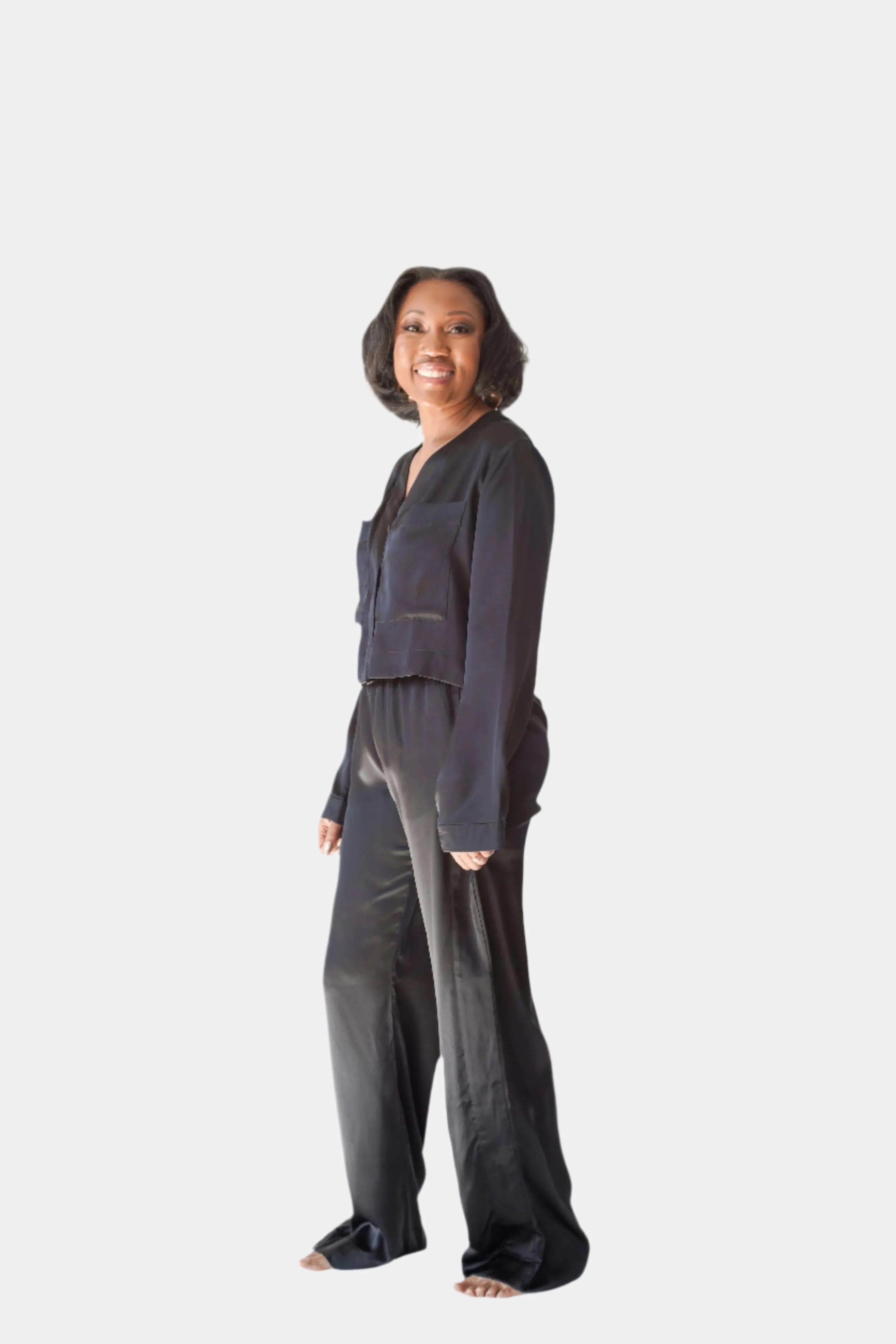 LOLA SILK CROPPED SHIRT DRESS & TUXEDO PANT IN NOIRE