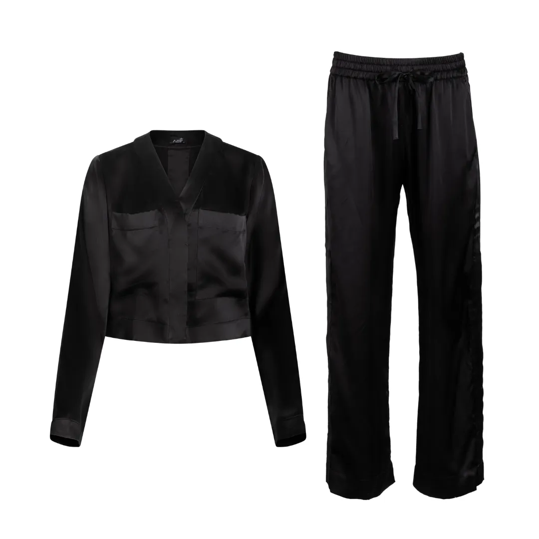 LOLA SILK CROPPED SHIRT DRESS & TUXEDO PANT IN NOIRE