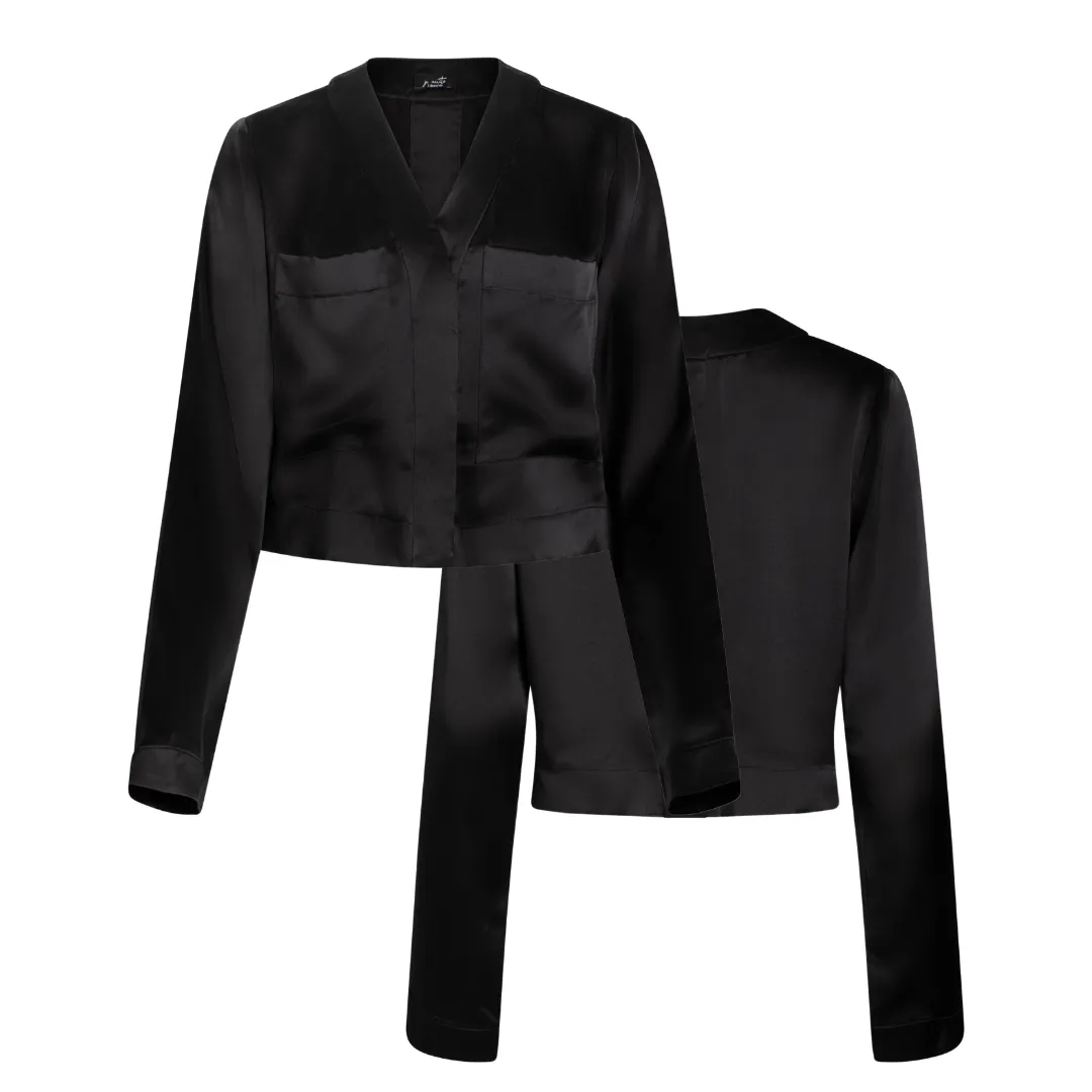 LOLA SILK CROPPED SHIRT DRESS & TUXEDO PANT IN NOIRE