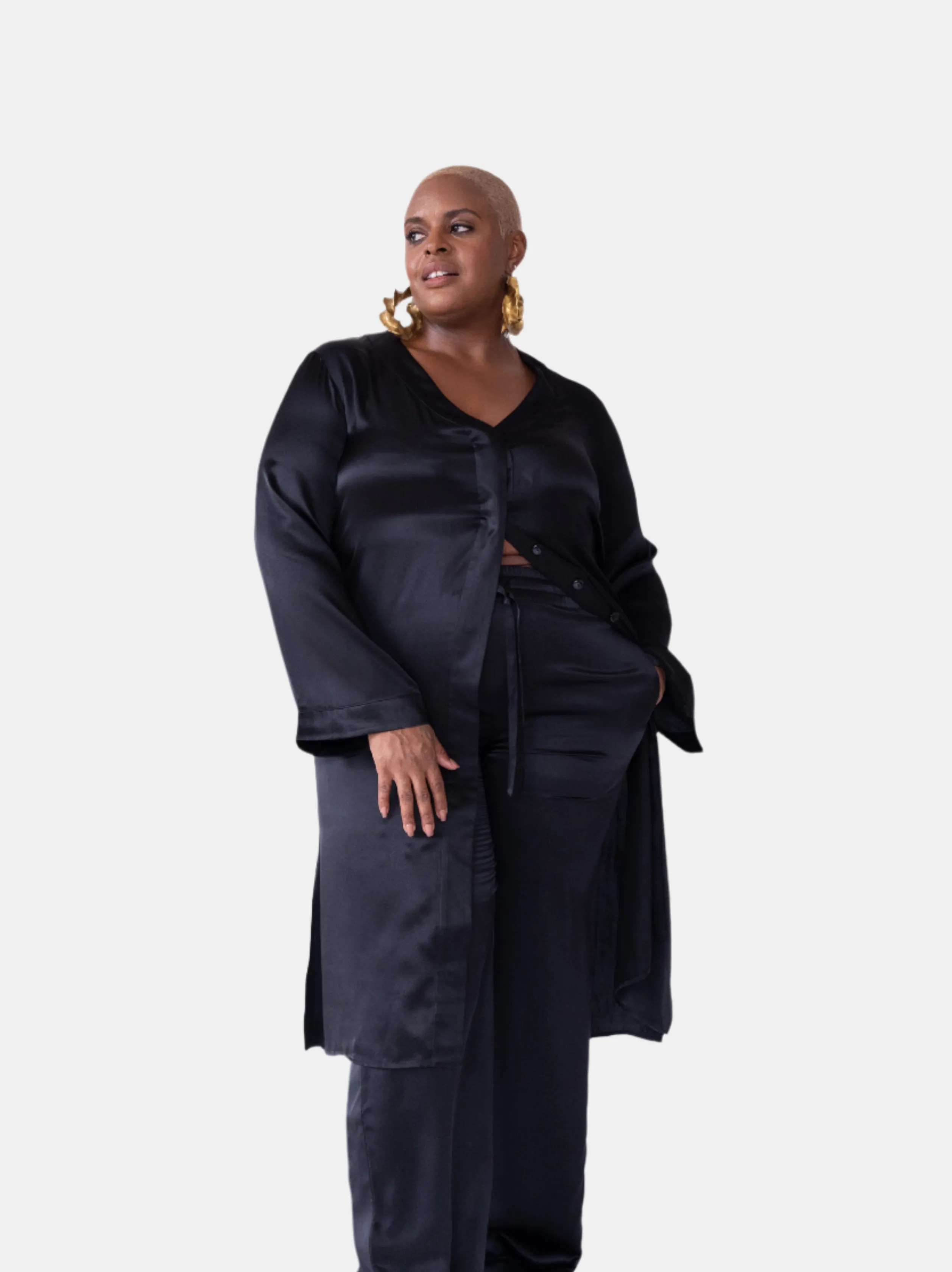 LOLA SILK NIGHTDRESS & TUXEDO PANT SET IN NOIRE
