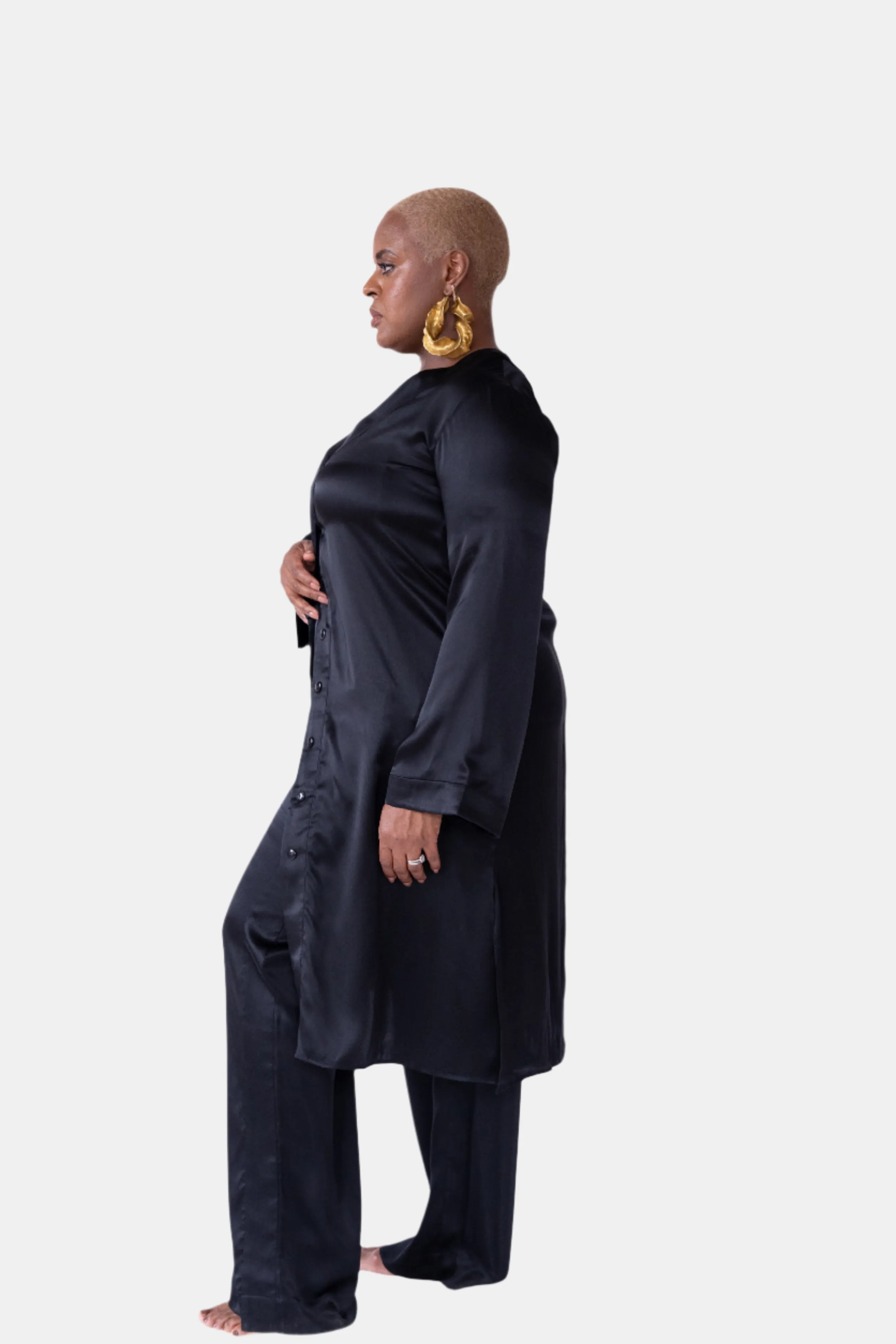 LOLA SILK NIGHTDRESS & TUXEDO PANT SET IN NOIRE
