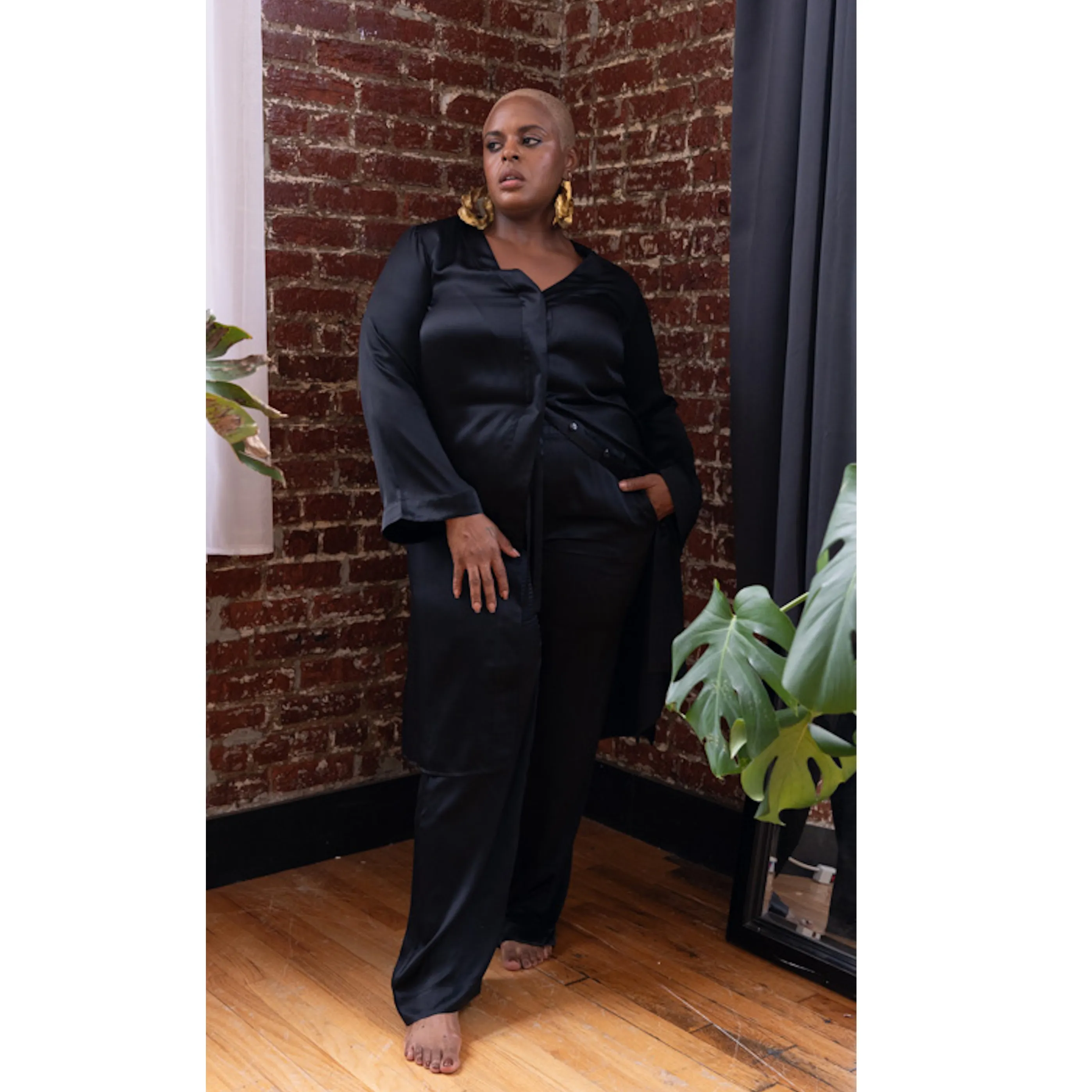 LOLA SILK NIGHTDRESS & TUXEDO PANT SET IN NOIRE