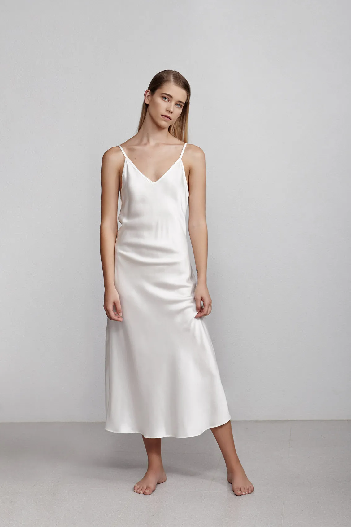 long v neck slip dress, ivory
