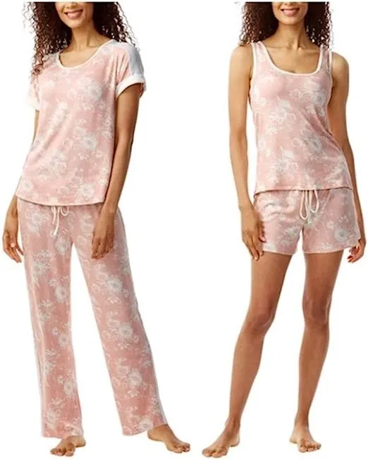 Lucky Brand Women's 4 Piece Pajama Set, 1 Tee, 1 Tank, 1 Short, 1 Pant (Pink Floral)