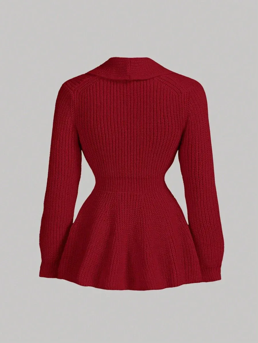 Mariah Peplum Knit Cardigan with Button Detail in Red