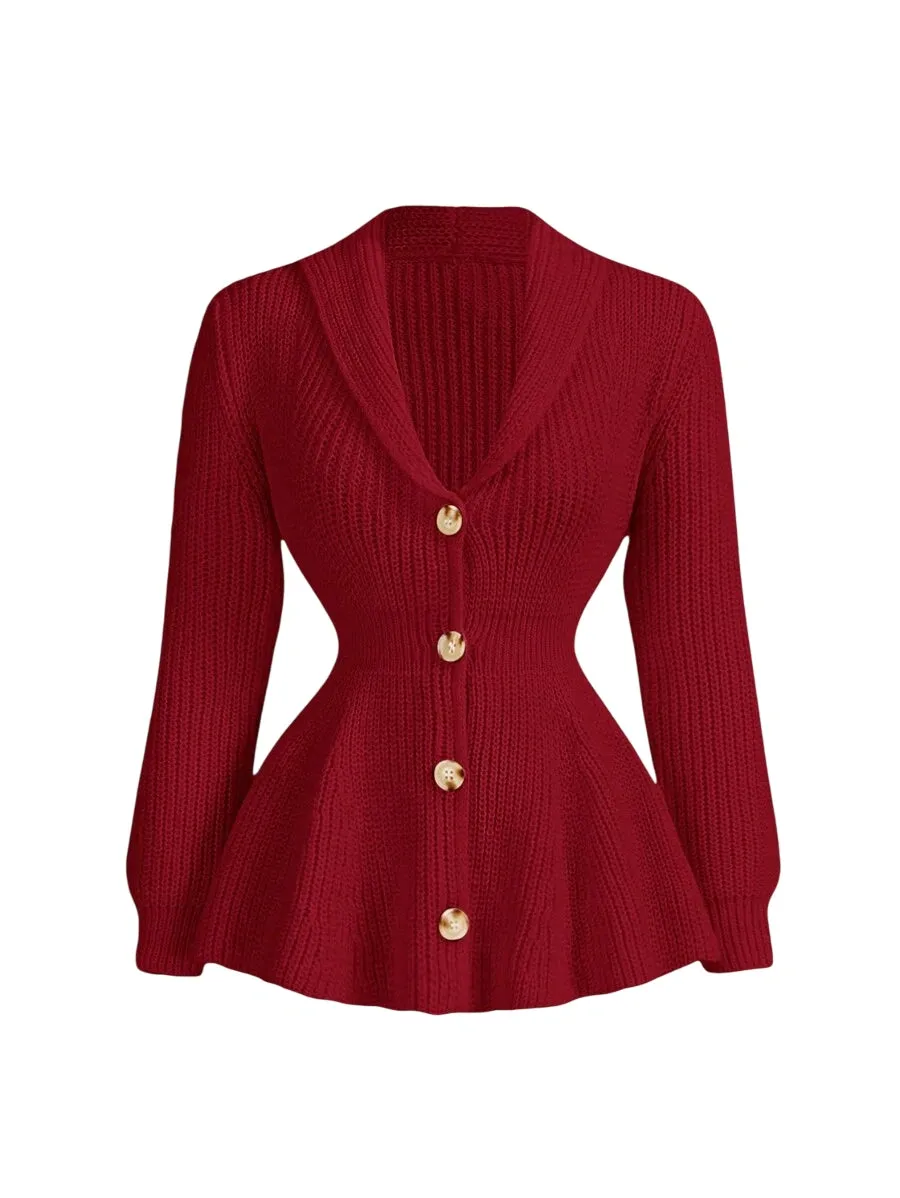 Mariah Peplum Knit Cardigan with Button Detail in Red
