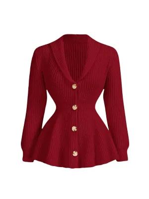 Mariah Peplum Knit Cardigan with Button Detail in Red