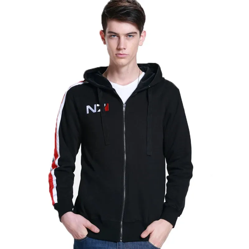 Mass Effect Black Zip-Up Hoodie - Embroidered Fleece Streetwear