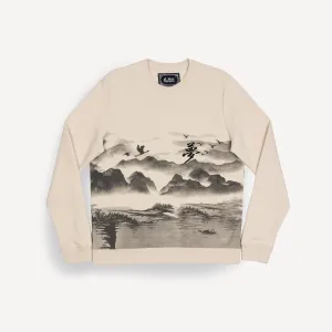 Mens Graphic Wraparound Crewneck Sweatshirt - Oatmeal / Kanji Dream