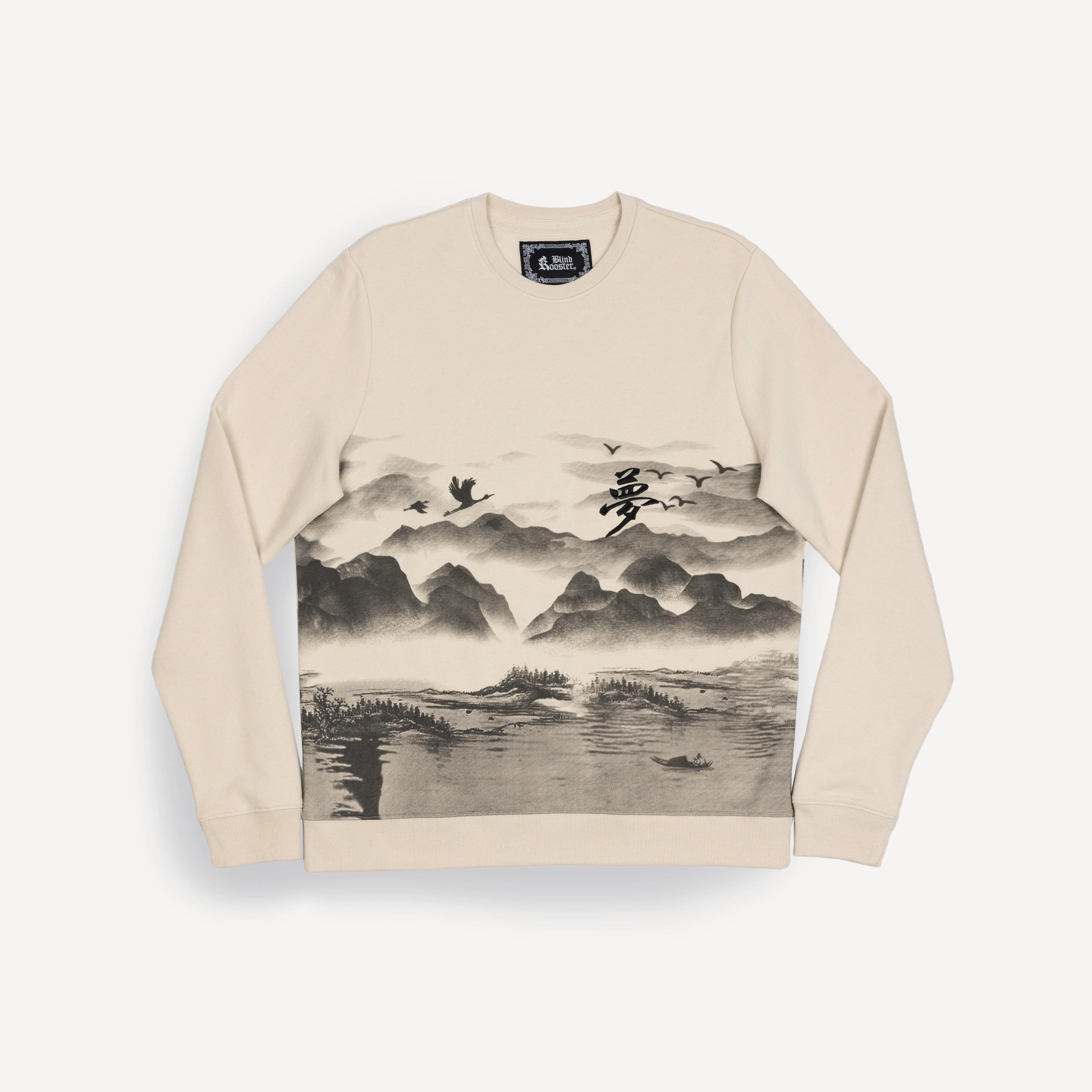 Mens Graphic Wraparound Crewneck Sweatshirt - Oatmeal / Kanji Dream