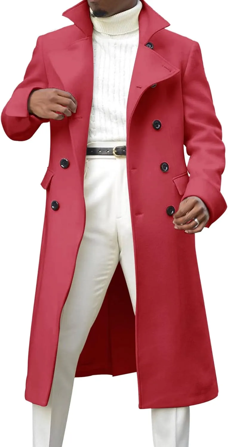 Men's Notch Lapel Double Breasted Long Trench Coat Casual Cotton Blend Peacoat