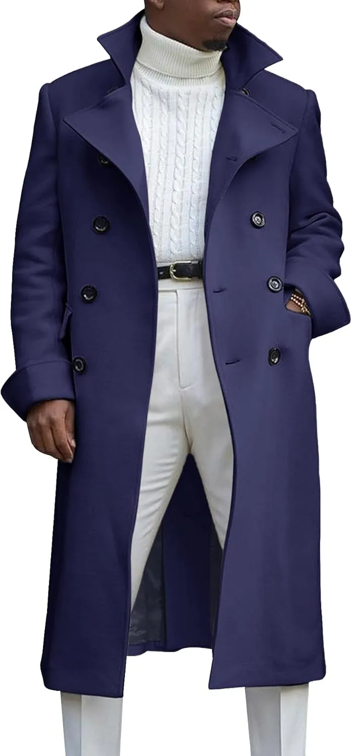 Men's Notch Lapel Double Breasted Long Trench Coat Casual Cotton Blend Peacoat