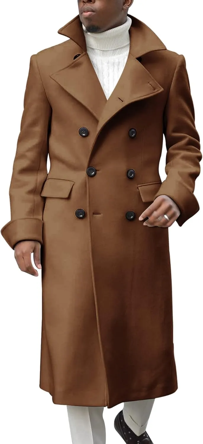 Men's Notch Lapel Double Breasted Long Trench Coat Casual Cotton Blend Peacoat