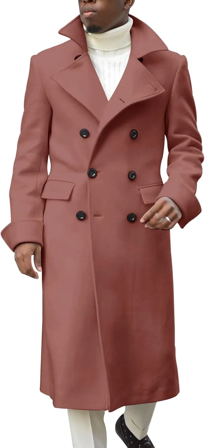 Men's Notch Lapel Double Breasted Long Trench Coat Casual Cotton Blend Peacoat