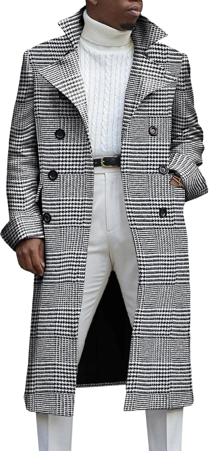Men's Notch Lapel Double Breasted Long Trench Coat Casual Cotton Blend Peacoat