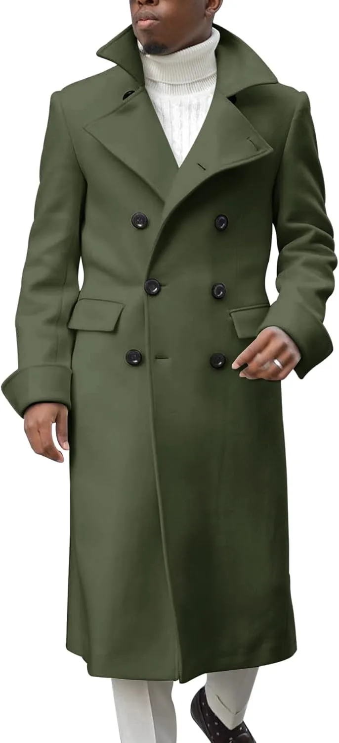 Men's Notch Lapel Double Breasted Long Trench Coat Casual Cotton Blend Peacoat