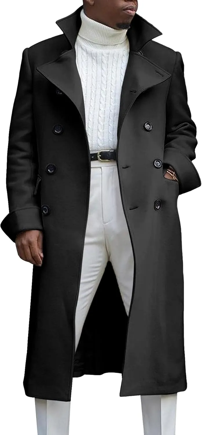 Men's Notch Lapel Double Breasted Long Trench Coat Casual Cotton Blend Peacoat