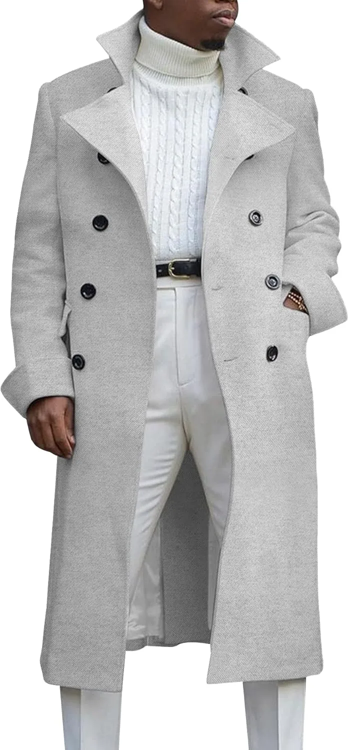 Men's Notch Lapel Double Breasted Long Trench Coat Casual Cotton Blend Peacoat