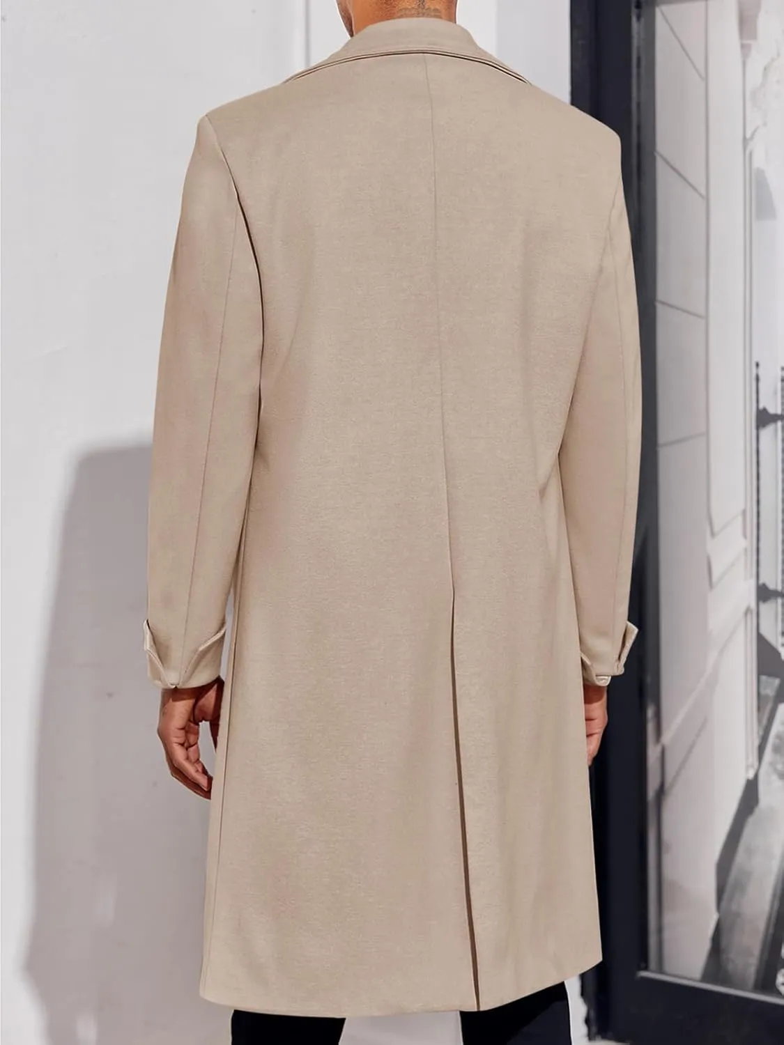 Men's Notch Lapel Double Breasted Long Trench Coat Casual Cotton Blend Peacoat