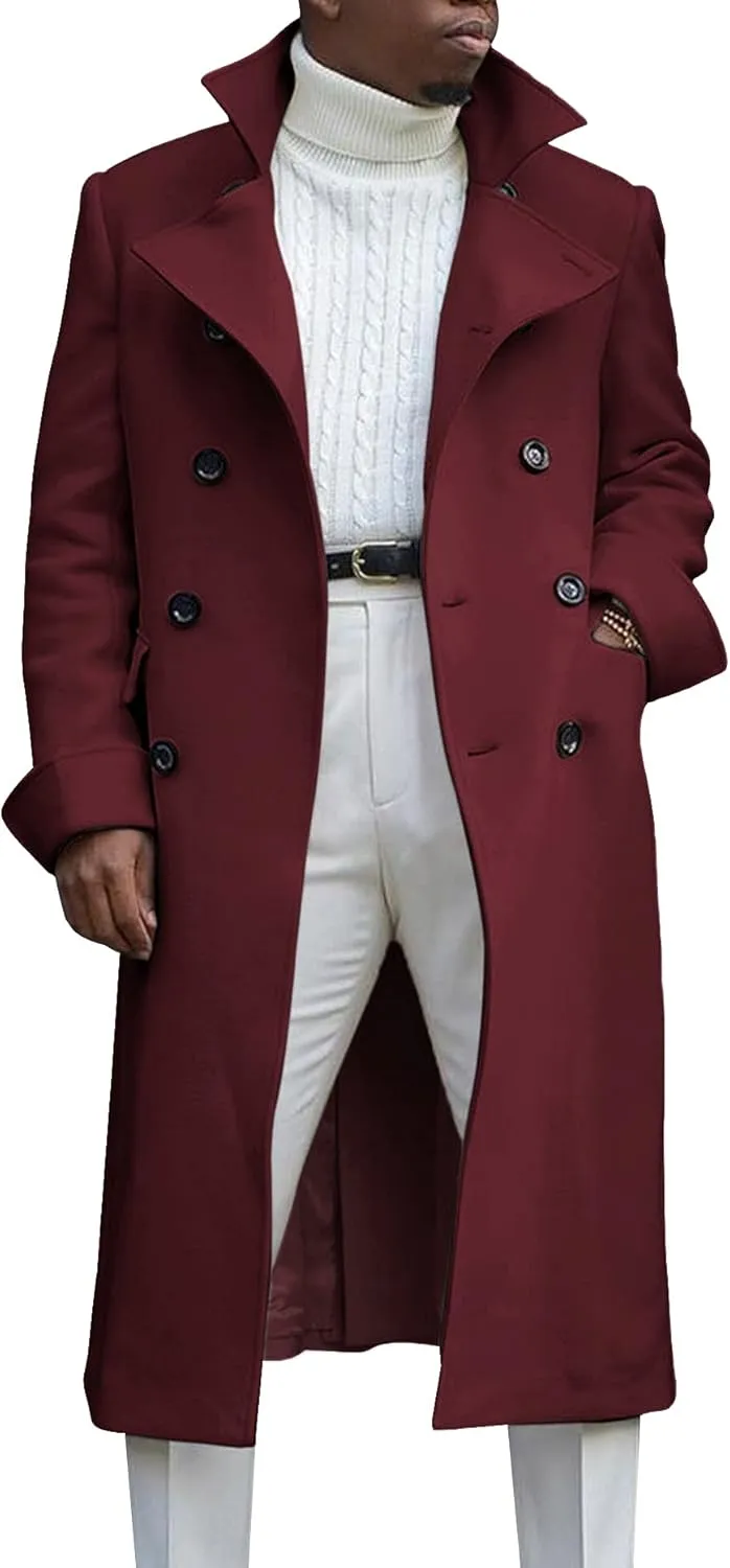 Men's Notch Lapel Double Breasted Long Trench Coat Casual Cotton Blend Peacoat