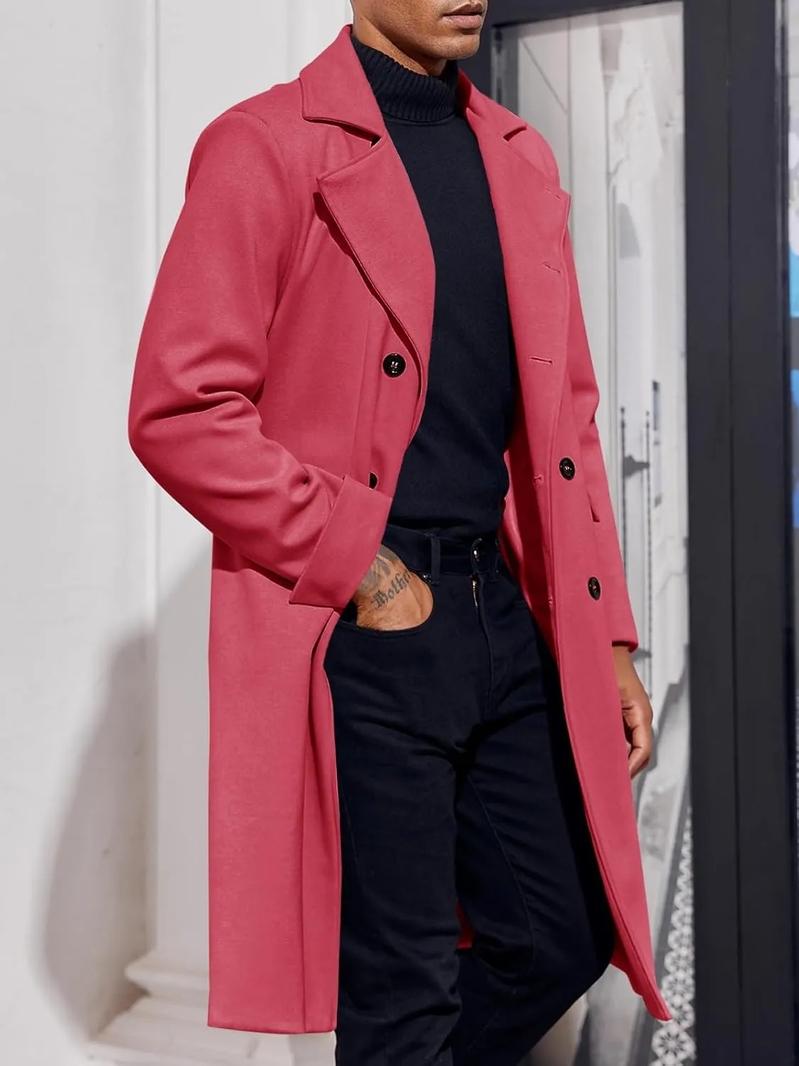 Men's Notch Lapel Double Breasted Long Trench Coat Casual Cotton Blend Peacoat