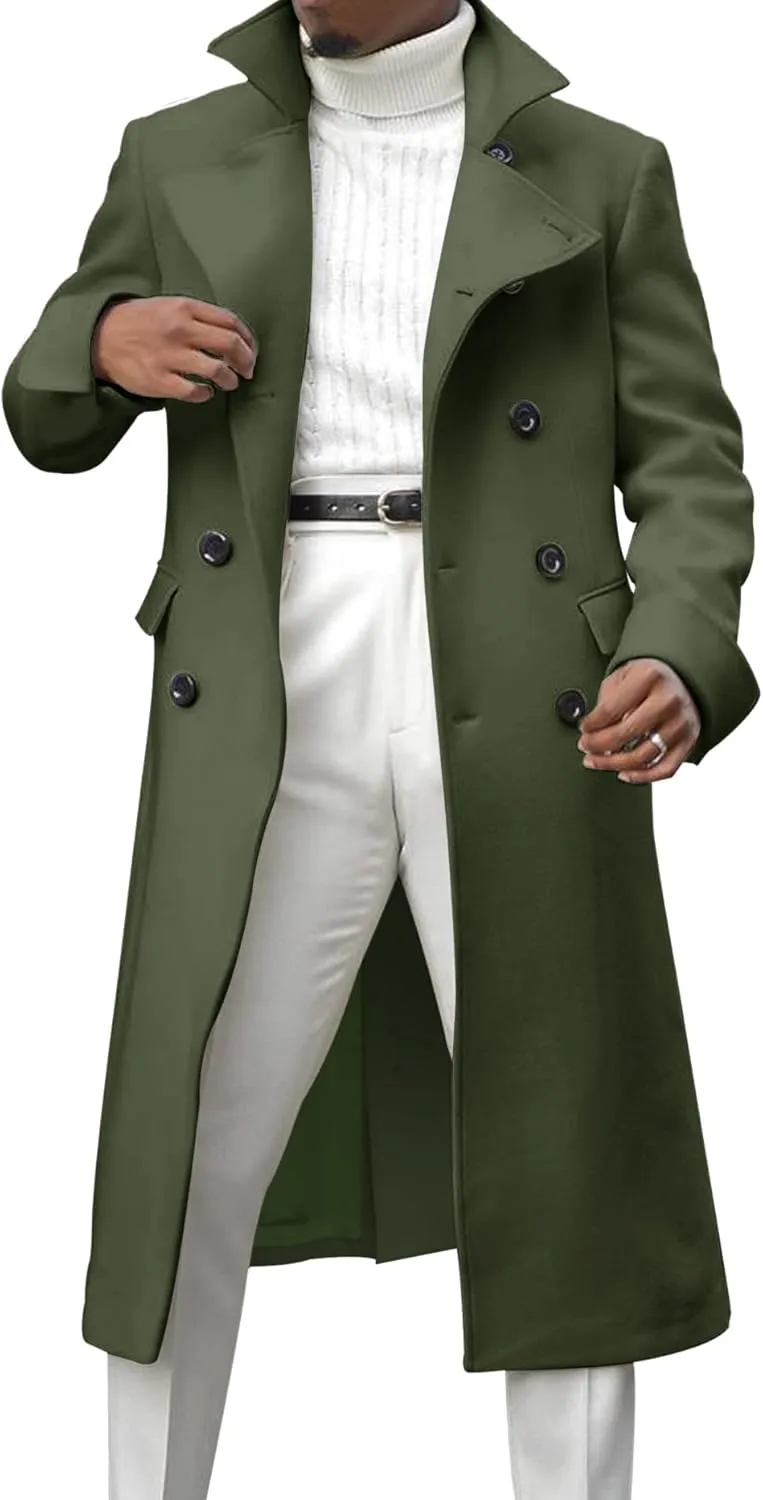 Men's Notch Lapel Double Breasted Long Trench Coat Casual Cotton Blend Peacoat
