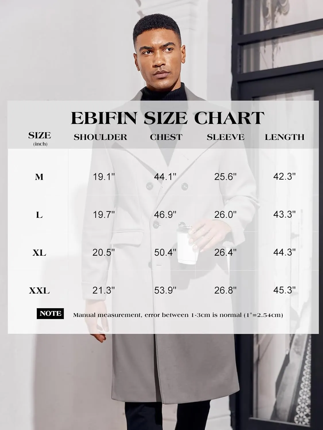 Men's Notch Lapel Double Breasted Long Trench Coat Casual Cotton Blend Peacoat