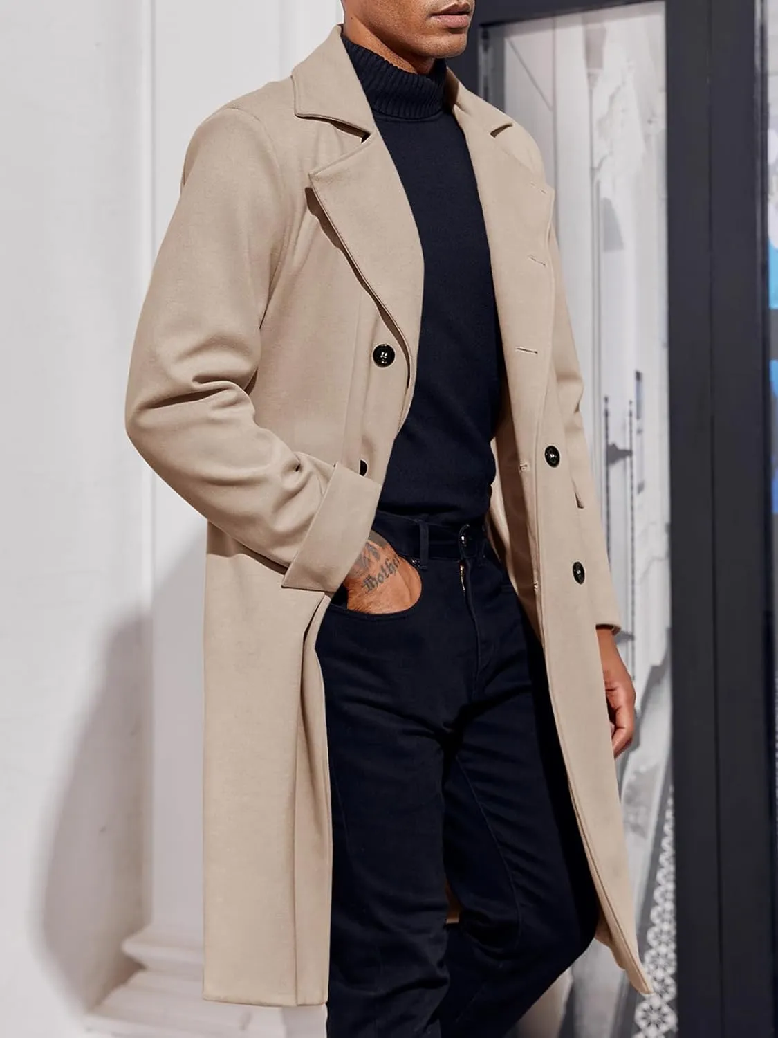 Men's Notch Lapel Double Breasted Long Trench Coat Casual Cotton Blend Peacoat