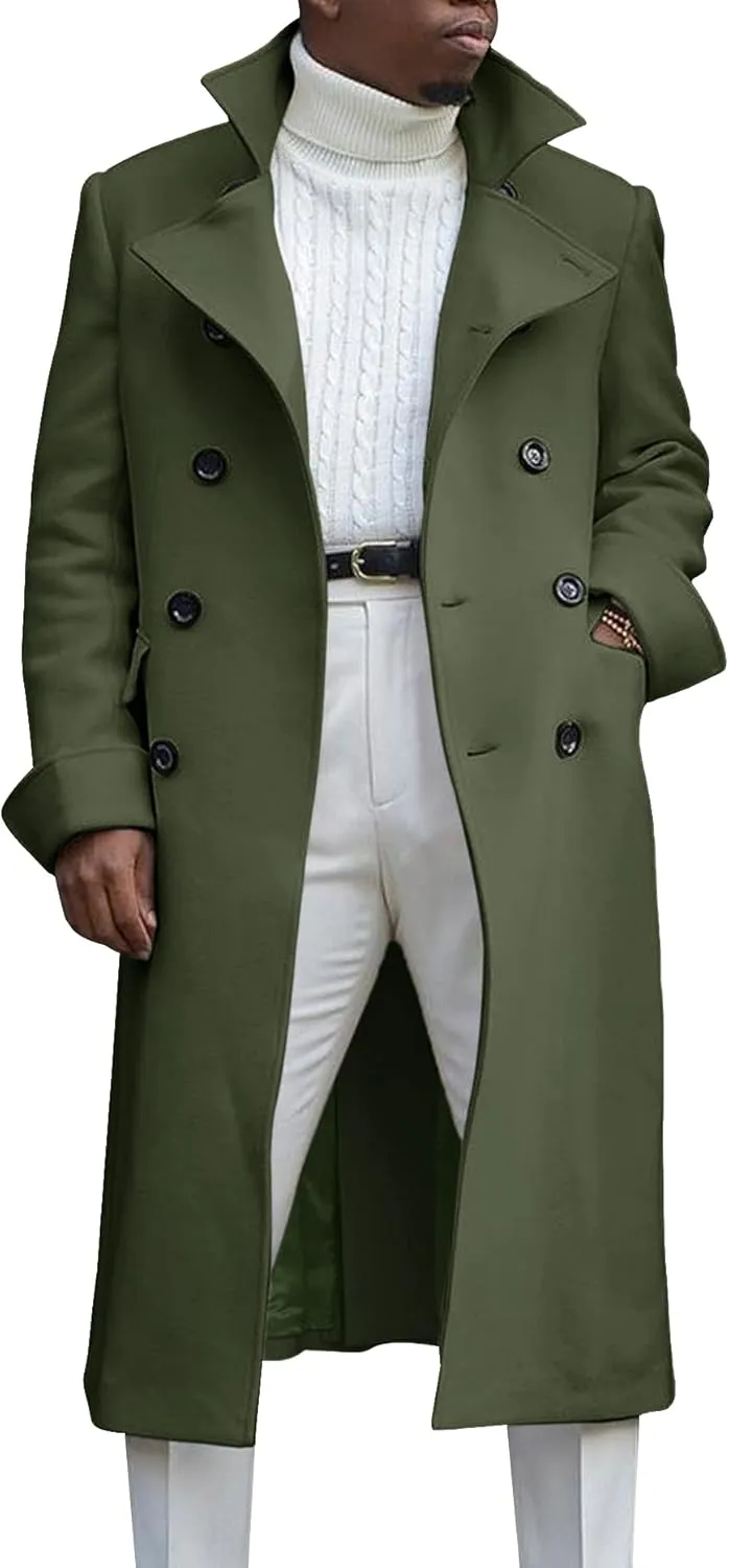 Men's Notch Lapel Double Breasted Long Trench Coat Casual Cotton Blend Peacoat