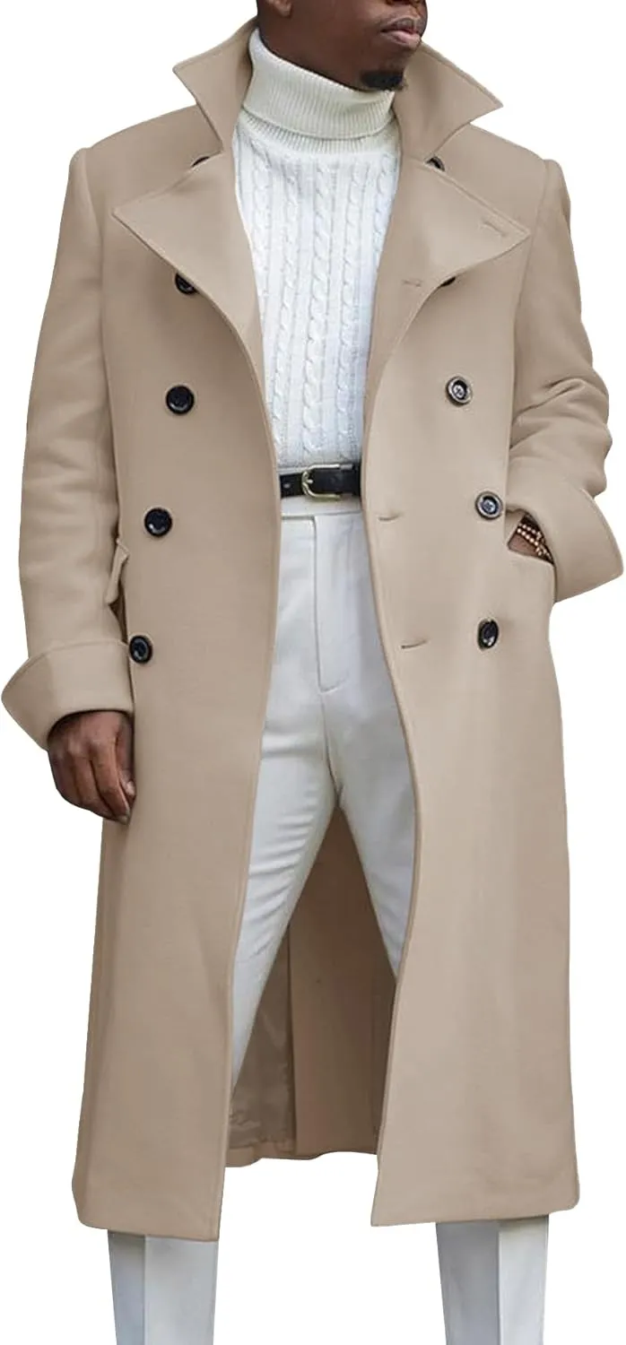 Men's Notch Lapel Double Breasted Long Trench Coat Casual Cotton Blend Peacoat