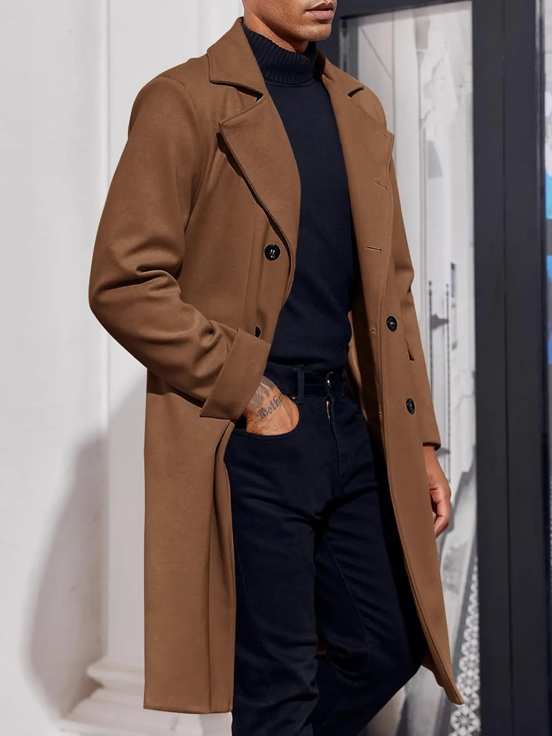 Men's Notch Lapel Double Breasted Long Trench Coat Casual Cotton Blend Peacoat