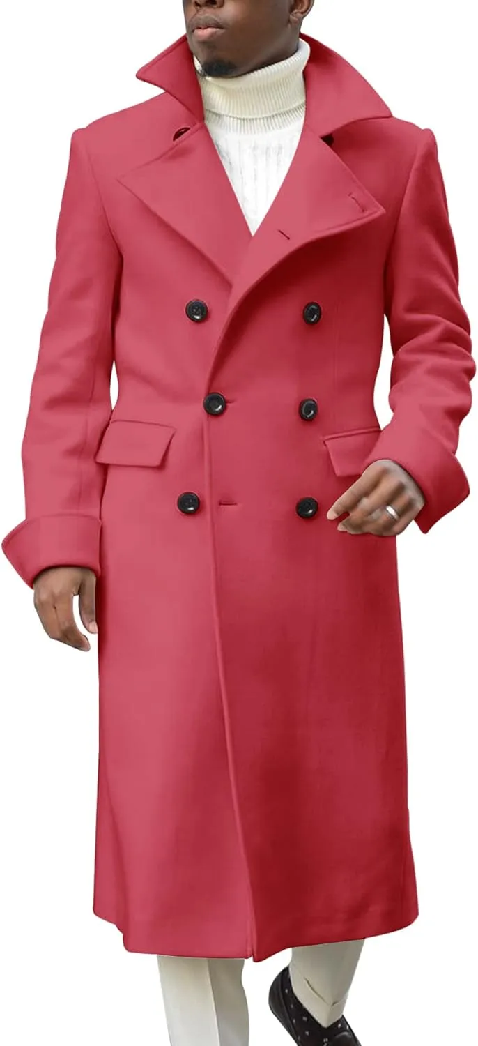 Men's Notch Lapel Double Breasted Long Trench Coat Casual Cotton Blend Peacoat