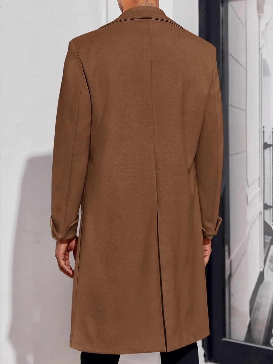 Men's Notch Lapel Double Breasted Long Trench Coat Casual Cotton Blend Peacoat