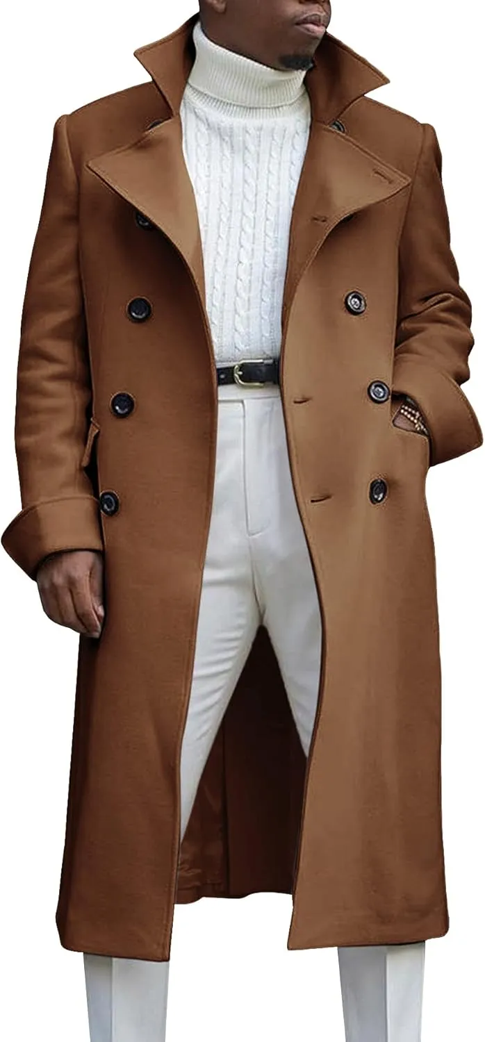 Men's Notch Lapel Double Breasted Long Trench Coat Casual Cotton Blend Peacoat