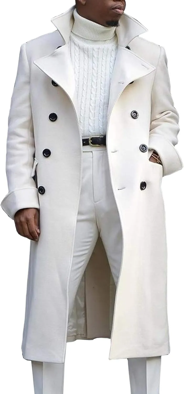Men's Notch Lapel Double Breasted Long Trench Coat Casual Cotton Blend Peacoat