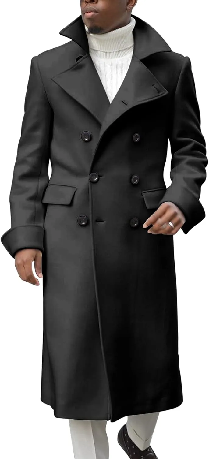 Men's Notch Lapel Double Breasted Long Trench Coat Casual Cotton Blend Peacoat
