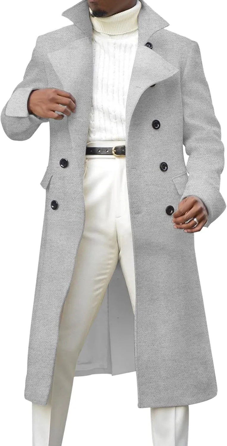 Men's Notch Lapel Double Breasted Long Trench Coat Casual Cotton Blend Peacoat