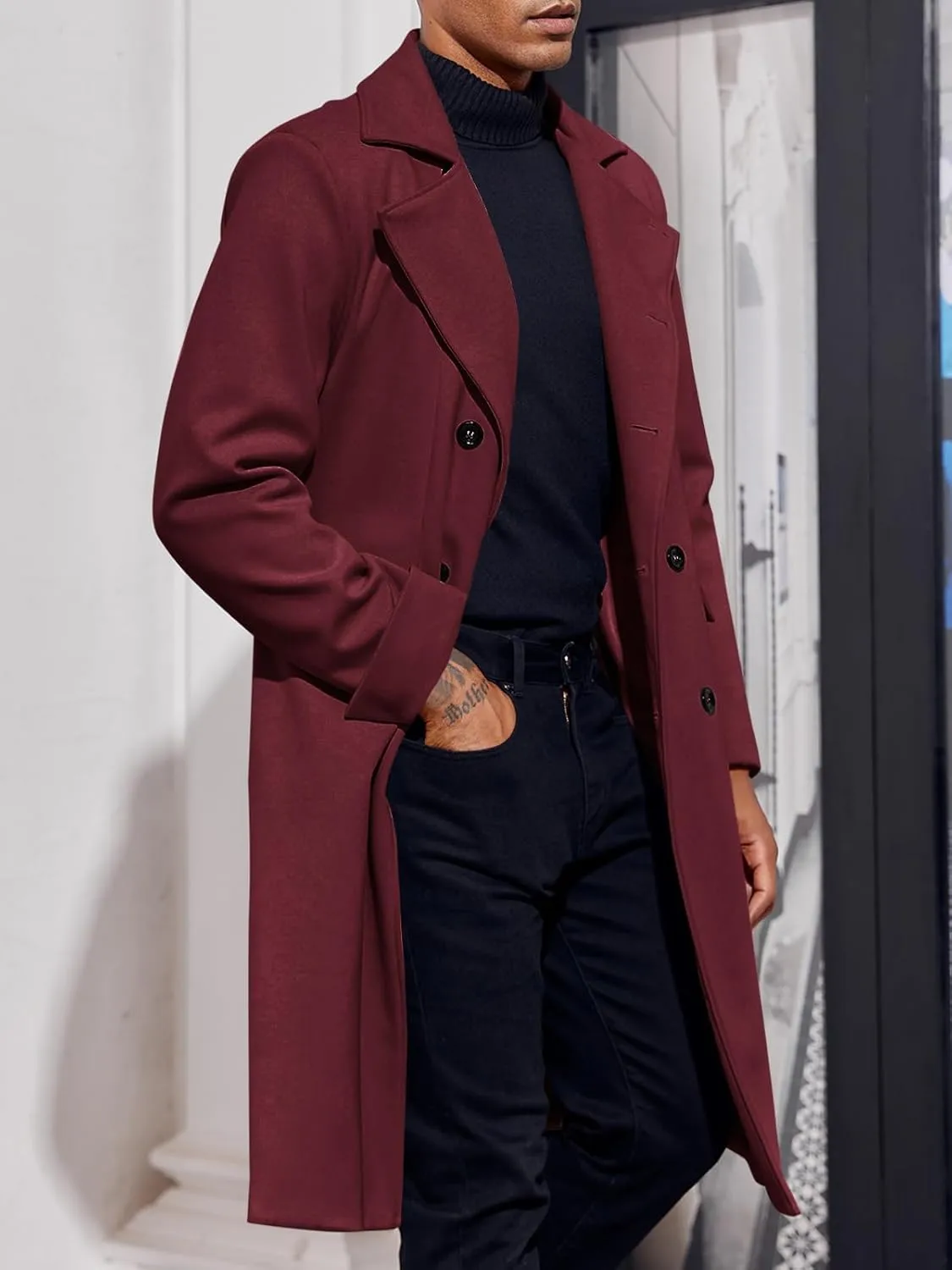 Men's Notch Lapel Double Breasted Long Trench Coat Casual Cotton Blend Peacoat