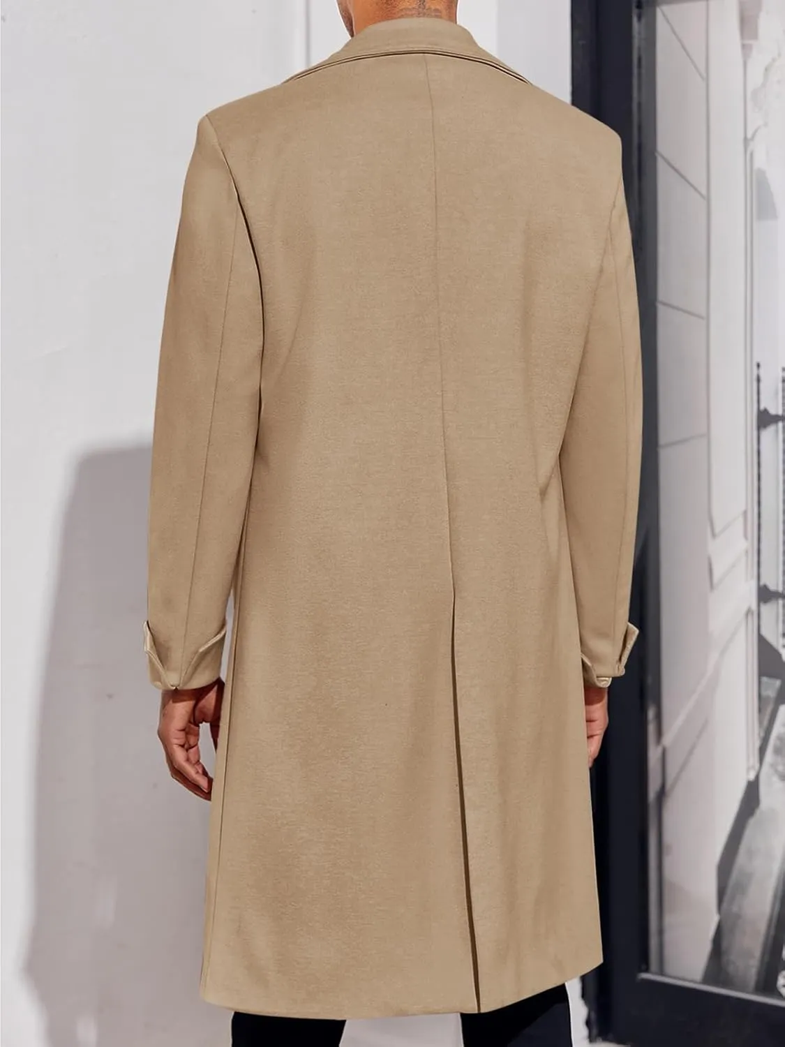 Men's Notch Lapel Double Breasted Long Trench Coat Casual Cotton Blend Peacoat