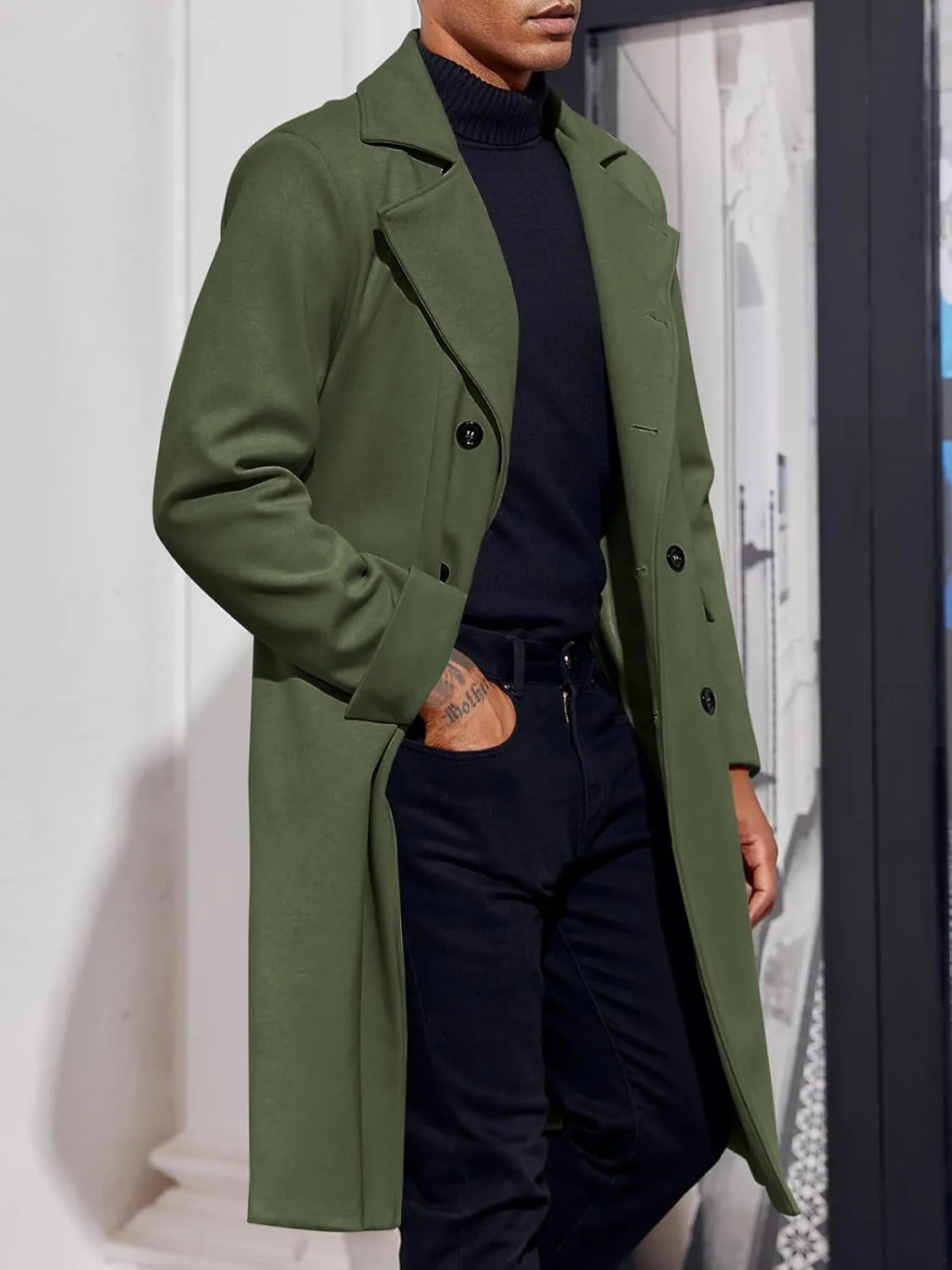Men's Notch Lapel Double Breasted Long Trench Coat Casual Cotton Blend Peacoat
