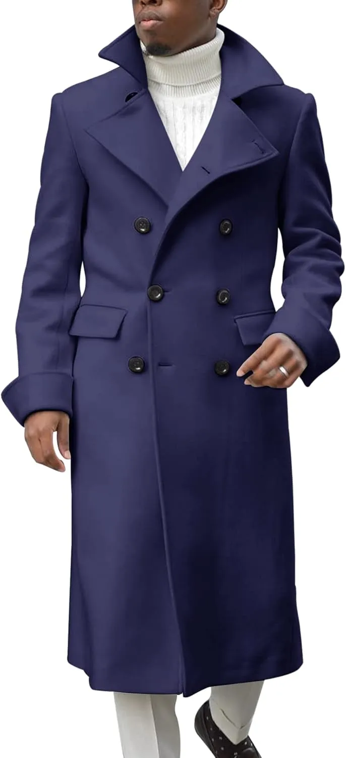 Men's Notch Lapel Double Breasted Long Trench Coat Casual Cotton Blend Peacoat