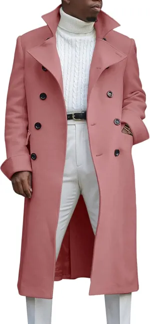 Men's Notch Lapel Double Breasted Long Trench Coat Casual Cotton Blend Peacoat